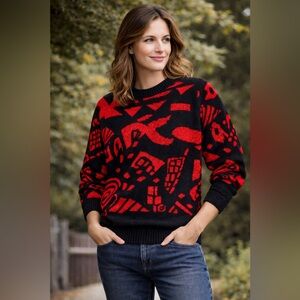 Vintage Lauren Knitwear Red Black Abstract Sweater 80s Art Graphic Oversized